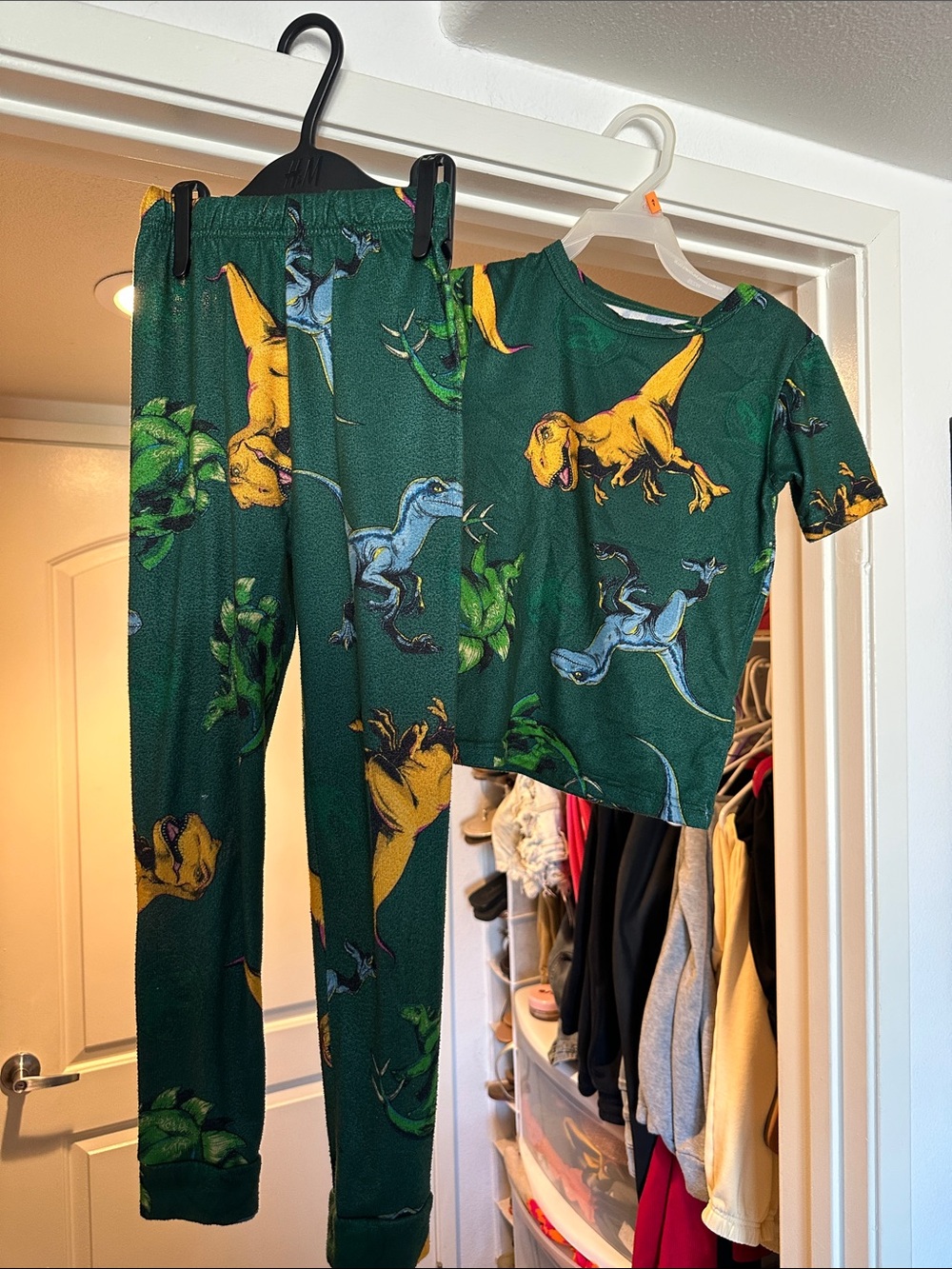 Kids Green Dinosaur Pajama Set with Yellow & Blue Dino Prints